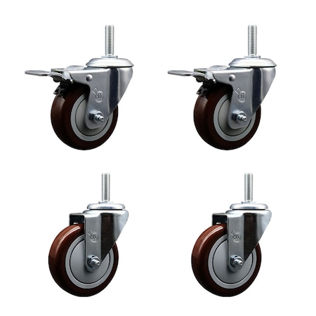 Service Caster 4 Inch Maroon Polyurethane Swivel 58 Inch Threaded Stem Caster Set 2 Total Lock Brakes SCC-TSTTL20S414-PPUB-MRN-58212-2-S-2